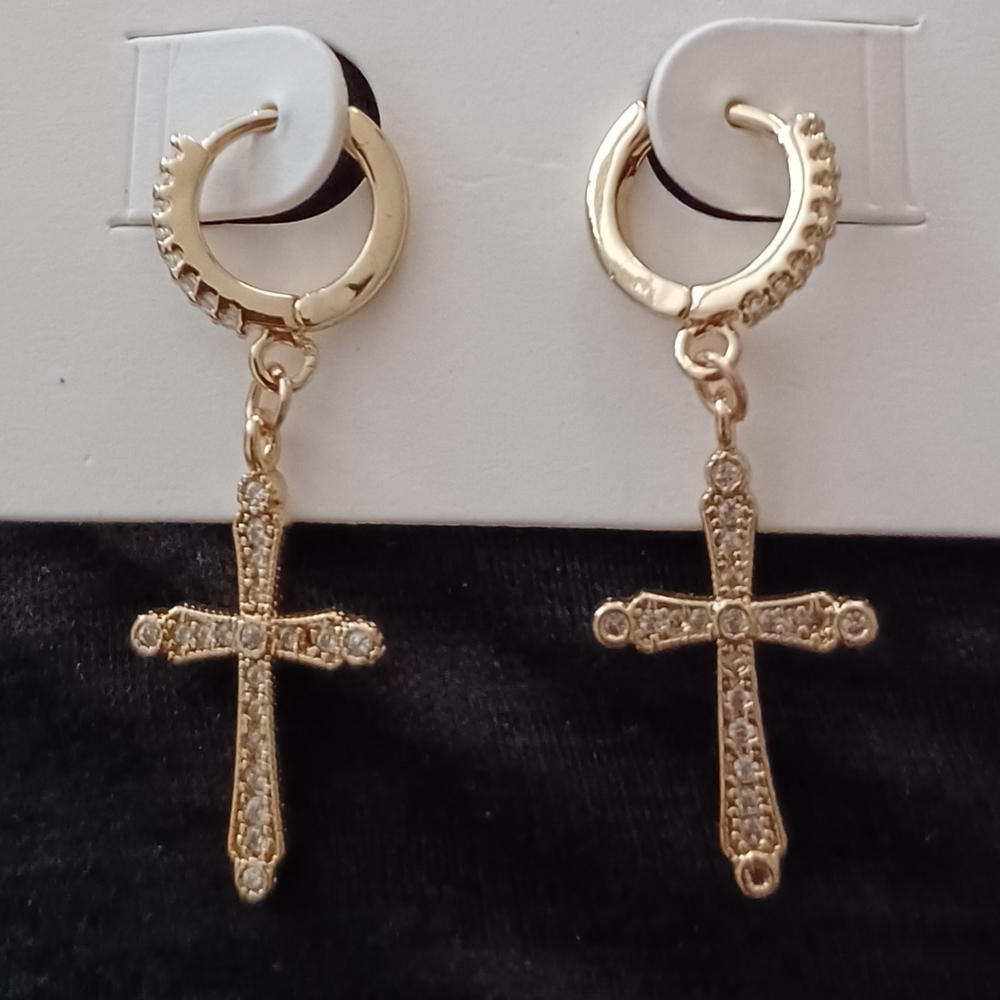 Cross Crystal Hoop Hoops Earrings Gold Plated Approx 1.5 inch long New with tag